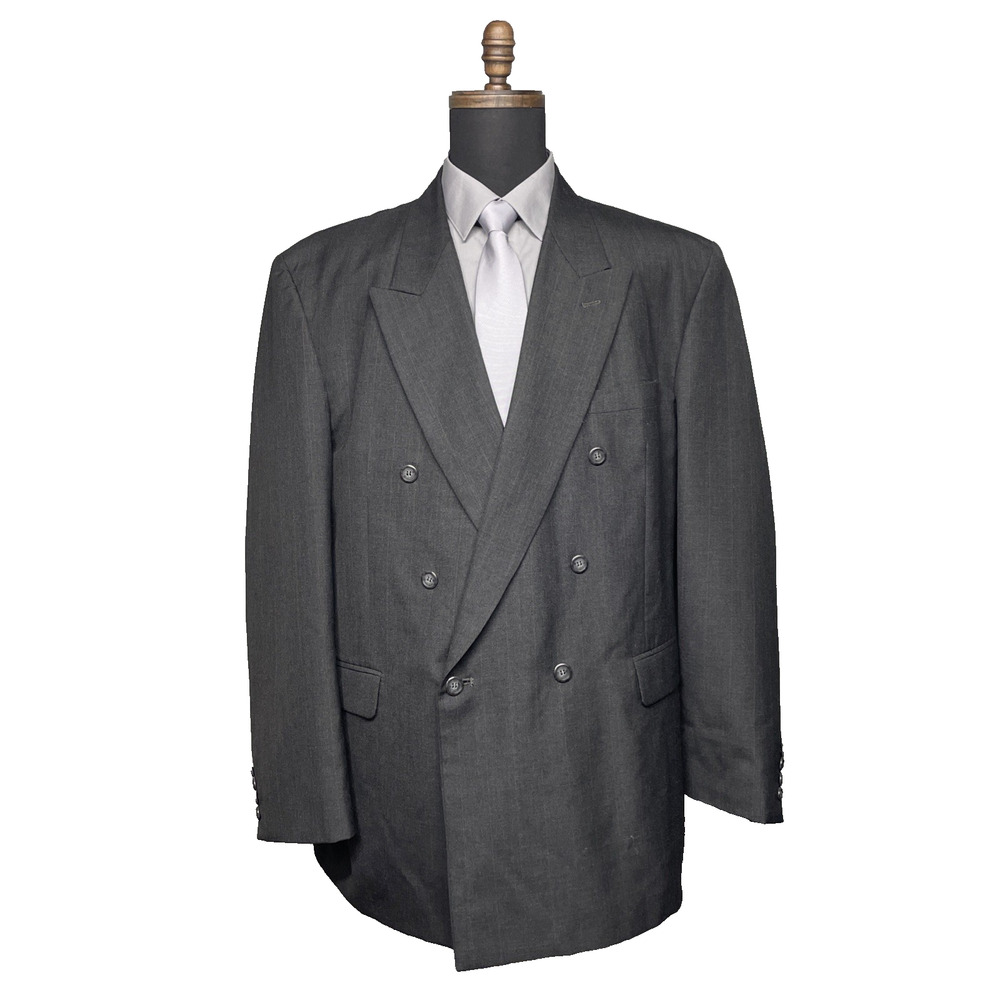 Vtg London Square Mens 46R Gray Maroon Pinstripe Wool Blend Dbl Breasted Blazer